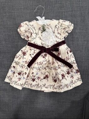 Edgehill Collection Cream Floral Dress with Burgundy Velvet Bow